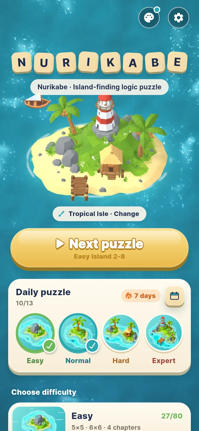 Home screen: a tropical island with a lighthouse, the Next puzzle button, four daily puzzles and a 7-day streak