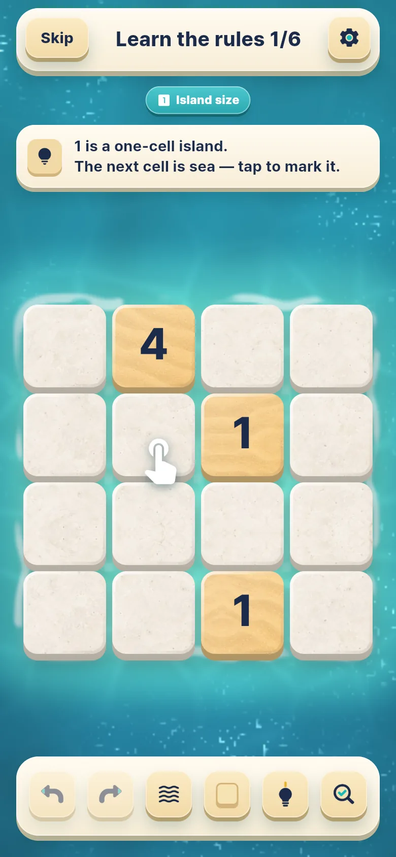 Learn the rules, step 1: the Island size rule chip and a tip that 1 is a one-cell island
