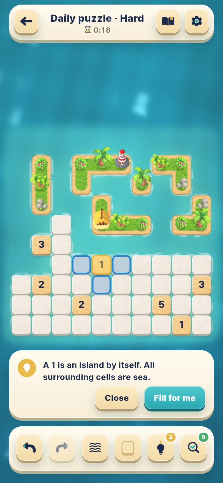 Solving a 10×10 puzzle while a hint explains: a 1 is an island by itself, so all surrounding cells are sea