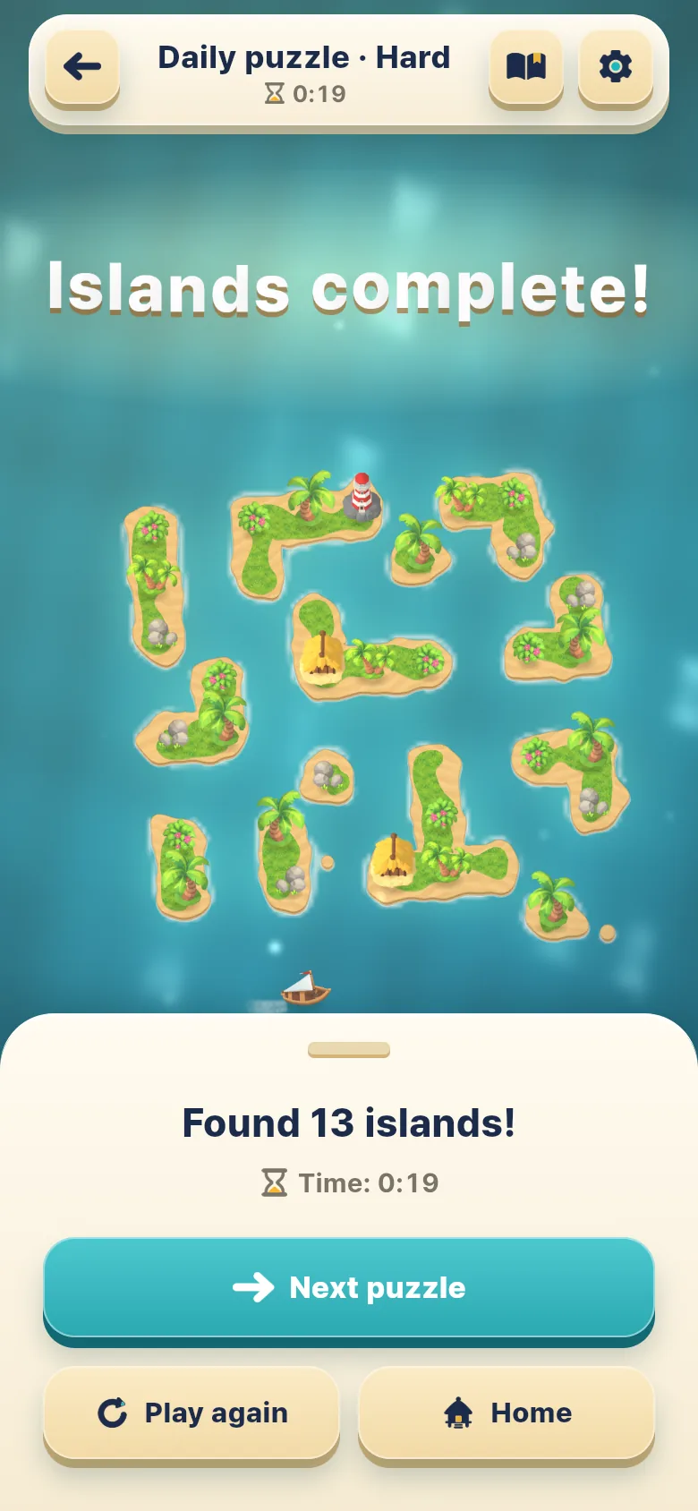Islands complete! The solved board turns into an archipelago of 13 miniature islands