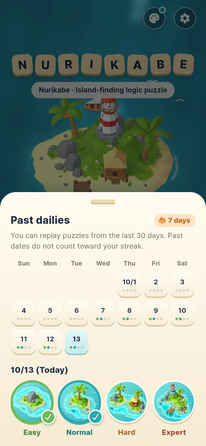 Past dailies calendar with today's Easy, Normal, Hard and Expert puzzles