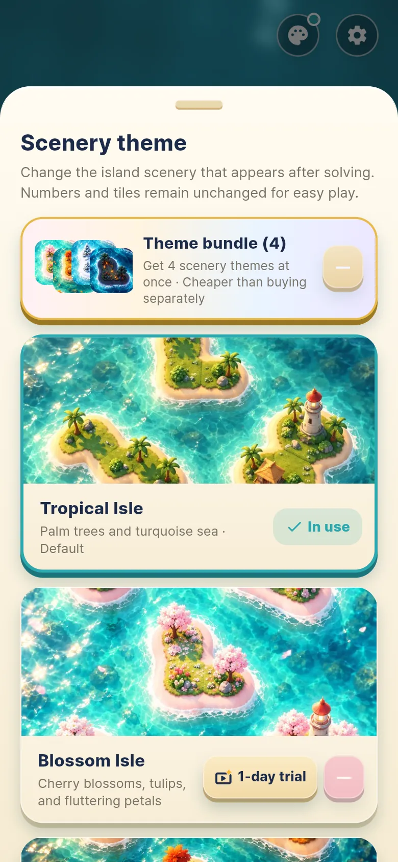 Scenery themes: the four-theme bundle, Tropical Isle and a one-day trial of Blossom Isle